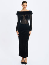 Load image into Gallery viewer, Alexis Black Velvet Animal Print Fur Boatneck Maxi Dress
