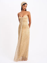 Load image into Gallery viewer, Ada Gold Rhinestone Embellished Strapless Gown with Head Scarf
