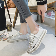 Load image into Gallery viewer, Womens Leopard Sneakers Women Canvas Shoes Leisure Lace-Up Sneakers Rhinestone Shiny Flat Charming Shoes Platform Leisure Low Sneakers

