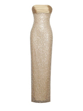 Load image into Gallery viewer, Lainey Gold Satin Sequin Pearls Beaded Maxi Dress
