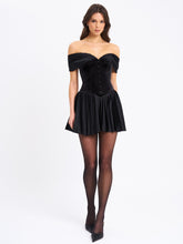 Load image into Gallery viewer, Echo Black Velvet Off-shoulder Pleated Mini Dress
