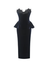 Load image into Gallery viewer, Pascha Black Lace Appliqué Strapless Peplum Midi Dress
