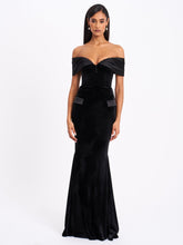 Load image into Gallery viewer, Qamra Black Velvet Off Shoulder Mermaid Maxi Dress
