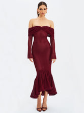 Load image into Gallery viewer, Kaedyn Burgundy Off Shoulder Long Sleeve Crochet Mermaid Maxi Dress
