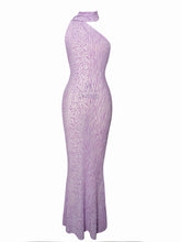 Load image into Gallery viewer, Olena Purple Burnout Velvet Animal Print Mesh Halter Neck Maxi Dress
