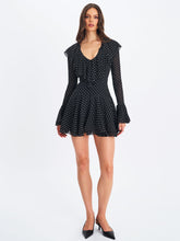Load image into Gallery viewer, Omari Black Chiffon Polka Dot Ruffled Neckline Mini Dress
