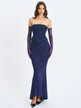 Load image into Gallery viewer, Orabelle Navy Beaded Peplum Mermaid Maxi Gown with Lace-up Back
