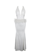 Load image into Gallery viewer, Solene Pleated Halter Backless Feather-Trim Maxi Dress
