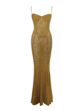 Load image into Gallery viewer, Ulani Gold Burnout Velvet Detail Mesh Maxi Dress
