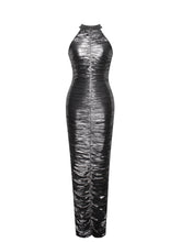 Load image into Gallery viewer, Abril Ruched Silver Glitter Backless Gown
