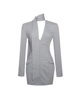 Load image into Gallery viewer, Tahlia Deep V Pinstripes Gray Blazer Dress with scarf collar
