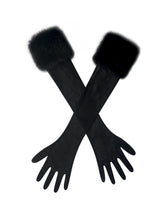 Load image into Gallery viewer, Eve Black Fur-Trimmed Mesh Opera-length Gloves
