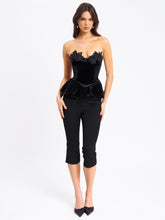 Load image into Gallery viewer, Qiara Black Velvet Peplum Top with Lace Trim
