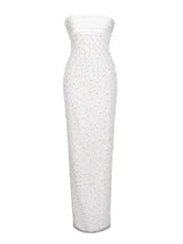 Load image into Gallery viewer, Lainey White Satin Sequin Pearls Beaded Maxi Dress
