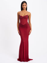 Load image into Gallery viewer, Fatima Burgundy Crystal Sleeveless Corset Mermaid Maxi Dress
