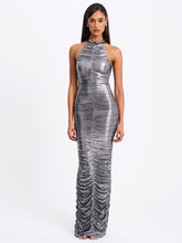 Load image into Gallery viewer, Abril Ruched Silver Glitter Backless Gown
