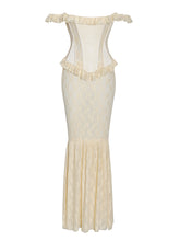 Load image into Gallery viewer, Ersilia Pale Yellow Satin Lace Peplum Corset Off Shoulder Maxi Dress
