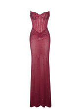 Load image into Gallery viewer, Fatima Burgundy Crystal Sleeveless Corset Mermaid Maxi Dress
