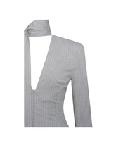 Load image into Gallery viewer, Tahlia Deep V Pinstripes Gray Blazer Dress with scarf collar
