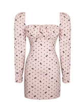 Load image into Gallery viewer, Perla Baby Pink Ruched Bust Velvet-Embossed Bow Mini Dress
