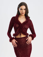 Load image into Gallery viewer, Hali Burgundy Animal Print Burnout Velvet Fur Trim Top
