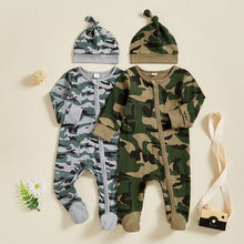Load image into Gallery viewer, Newborn Baby Girls Boys Camouflage Military Deisgn Romper Infant Cute Zipper Casual Jumpsuit Hairband Hat Set Clothes For Girls And Boys
