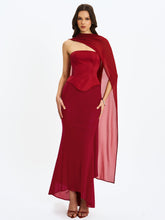 Load image into Gallery viewer, Giselle Crimson Peplum Mermaid Gown with Chiffon Scarf
