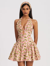 Load image into Gallery viewer, Mackenzie Green and Pink Floral Print Halter Linen Mini Dress
