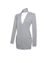 Load image into Gallery viewer, Tahlia Deep V Pinstripes Gray Blazer Dress with scarf collar
