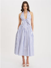 Load image into Gallery viewer, Mackenna Navy Stripe Halter Smock Back Maxi Dress
