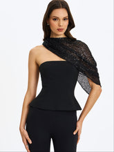 Load image into Gallery viewer, Quinette Black Peplum Top with Beaded Asymmetrical Cape
