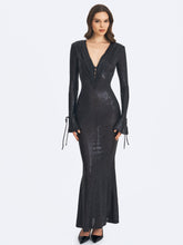 Load image into Gallery viewer, Ilysia Black V-Neck Plunge Snakeskin Mermaid Hem Maxi Dress
