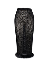 Load image into Gallery viewer, Halia Black Animal Print Burnout Velvet Fur Trim Skirt

