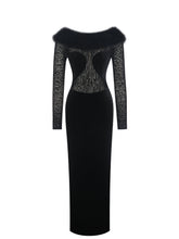 Load image into Gallery viewer, Alexis Black Velvet Animal Print Fur Boatneck Maxi Dress
