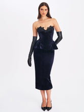 Load image into Gallery viewer, Pascha Black Lace Appliqué Strapless Peplum Midi Dress
