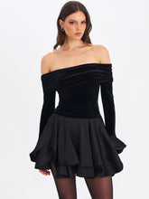 Load image into Gallery viewer, Magnolia Black Off-Shoulder Layered Satin Mini Dress
