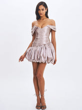 Load image into Gallery viewer, Milena Champagne Ruched Asymmetrical Bubble Mini Dress
