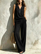 Load image into Gallery viewer, Women's Quarter-Zip Stand Collar Sleeveless Top &amp; Wide-Leg Pants Set
