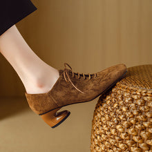 Load image into Gallery viewer, Women's Retro Sheepskin Square Toe Chunky Heel Pumps – Lace-Up Mid Heel
