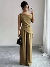 Load image into Gallery viewer, One-Shoulder Asymmetric Top &amp; Wide-Leg Pants 2-Piece Set – Women's Elegant Co-ord Suit
