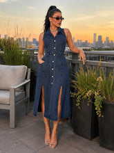 Load image into Gallery viewer, Women's Retro Washed Denim Midi Dress – Sleeveless Collared Button-Front with Slits &amp; Pockets
