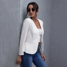 Load image into Gallery viewer, White Open-Front Cropped Blazer – Women's Plus Size Collarless Long Sleeve Jacket
