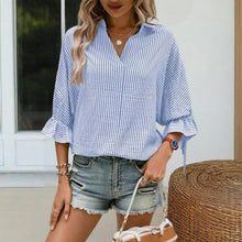 Load image into Gallery viewer, Women’s Striped V‑Neck Blouse with Ruffled Cuffs &amp; Tie‑Back Slit
