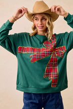 Load image into Gallery viewer, BiBi Plaid Ribbon Bow Detail Christmas Fleece Pullover
