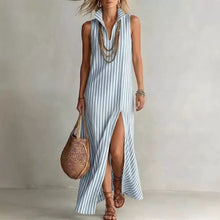Load image into Gallery viewer, Striped Stand Collar Side-Slit Sleeveless Maxi Dress – A-Line Cami
