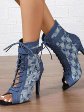 Load image into Gallery viewer, Distressed Denim Lace-Up Peep Toe Ankle Boots
