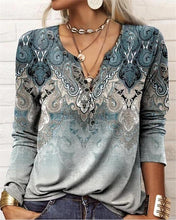 Load image into Gallery viewer, Women's Ethnic Print V-Neck Long Sleeve Loose T-Shirt
