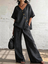 Load image into Gallery viewer, Women's Loose Cotton-Linen V-Neck Top &amp; Wide-Leg Pants Set
