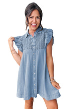 Load image into Gallery viewer, Beau Blue Flutter Sleeve Shirred Button Up Denim Mini Dress
