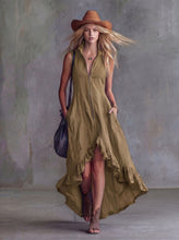 Load image into Gallery viewer, Lapel Collar Zip-Front Ruffle Hem Boho Dress
